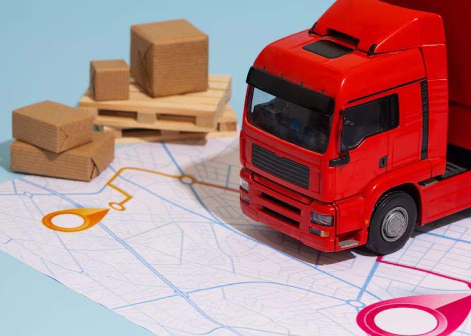 Красная фура на схематичной карте рядом с коробками. Biocard - перевозки грузов с температурным режимом по РФ и миру